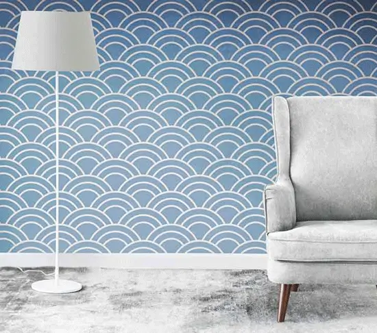 Stylish blue wallpaper installed in a modern interior — wallpaper fixing services in Dubai.