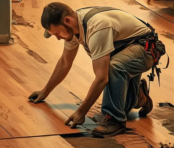 Skilled carpenter installing wooden flooring