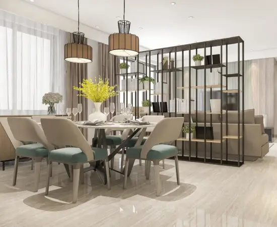 Modern dining and living area showcasing professional interior fit-out services in Dubai.